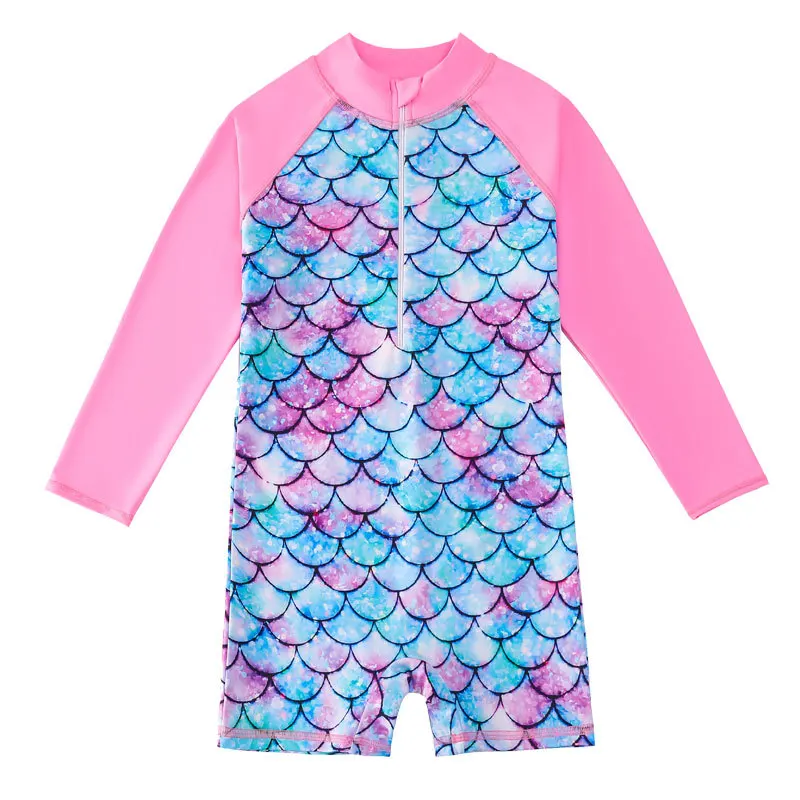 2024 Summer Girls Mermaids Long Sleeves Round Neck One-piece Swimsuit For 4-12Years Children Fish Scale 3D Print Bathing Suit 3