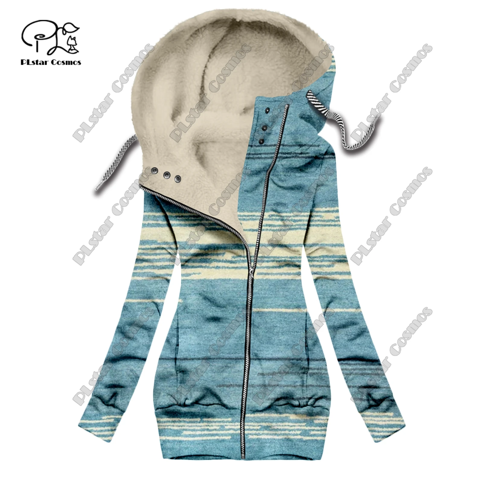 New 3D printing retro series carpet print pattern plus velvet warm women's long zipper hoodie jacket commuting casual winter F-7