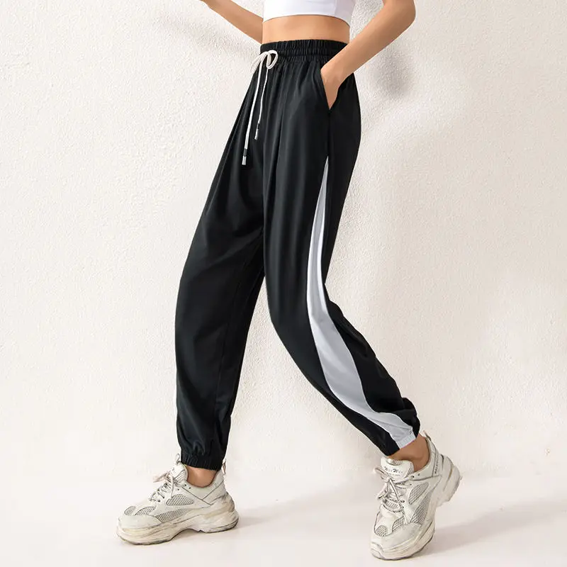 Color Matching Sports Pants Women Training Quick Dry Outdoor Running Fashion Casual Loose Elastic High Waist Lace Up Trousers
