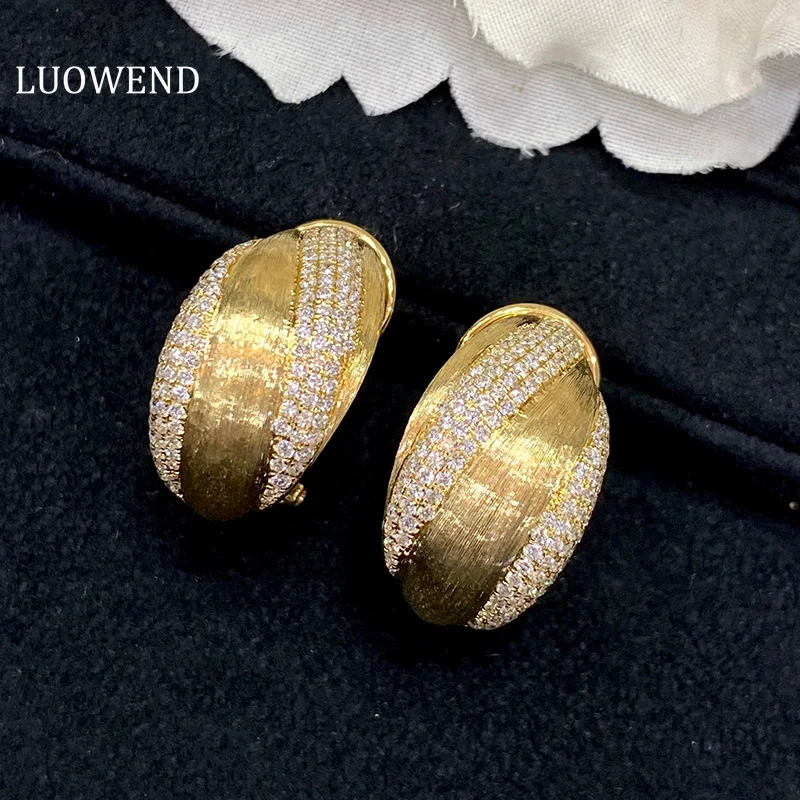 LUOWEND 18K Yellow Gold Earrings Real Natural Diamond Fashion Napoleon Drawstring Drill Shape Party Jewelry for Women Wedding
