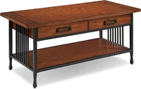 11204 Ironcraft Two Drawer Rustic Coffee Table with Shelf, Mission Oak and Black 1