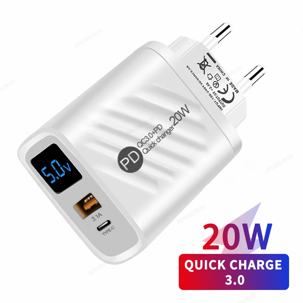 20W Dual Port Charger Digital Display USB Quick Wall Charger For iPhone 15 Pro Samsung Xiaomi Fast Charging Type C Phone Charger