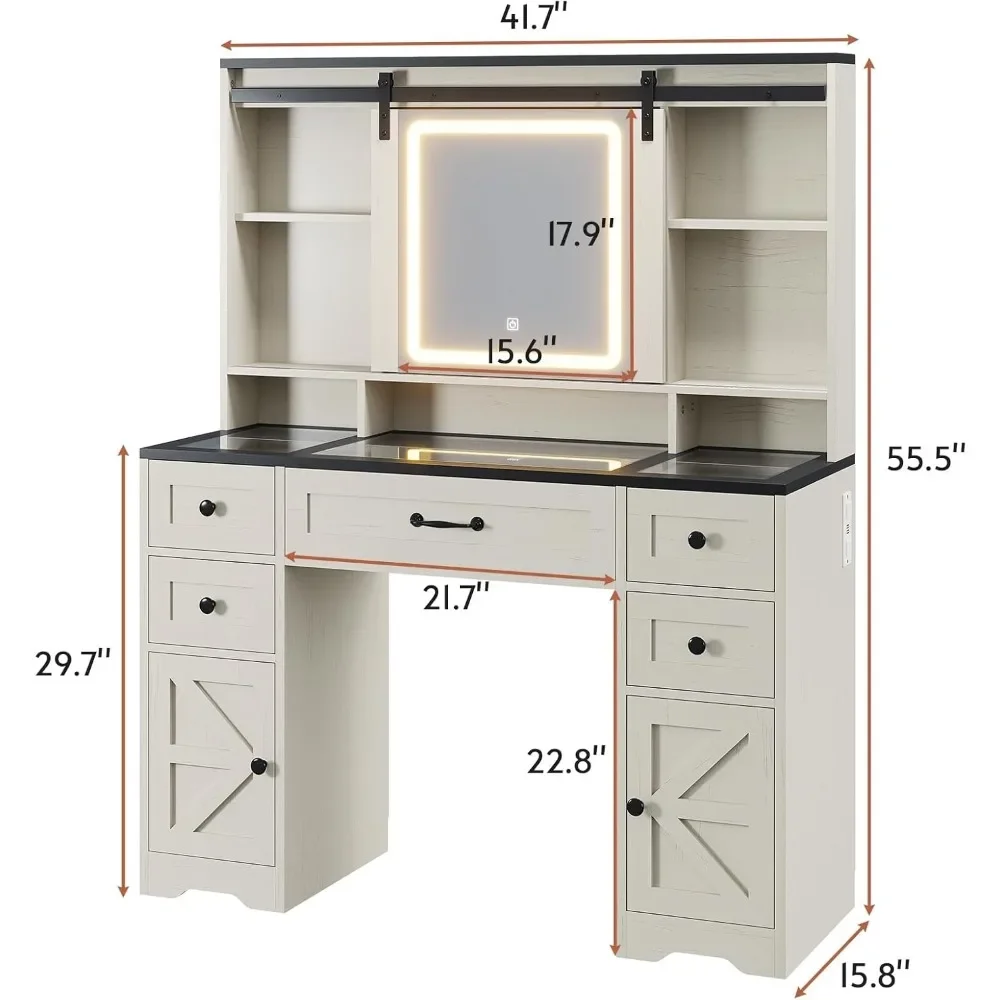 Vanity Desk with Sliding Mirror and Lights, Makeup with Glass Top & Charging Station with 5 Drawers & Shelves, Vanity Table 6