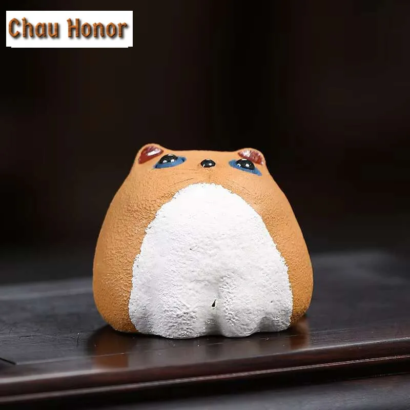 Boutique Handmade Purple Clay Tea Pet Ornaments Lucky Golden Cat Statue Cute Animal Tea Figurine Teaware Decoration Accessories