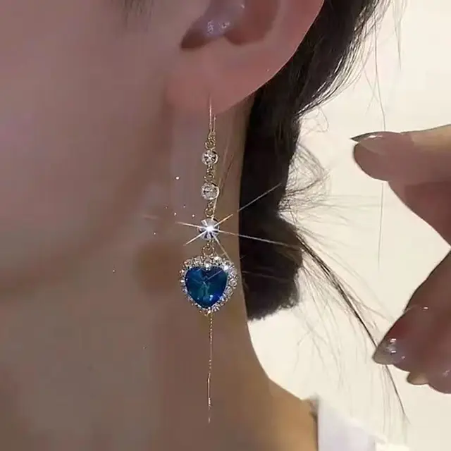 Exquisite Blue Heart Shaped Zircon Earrings for Women Luxury Long Tassel Ear Line Dangle Earring Ladies Wedding Party Jewelry 2