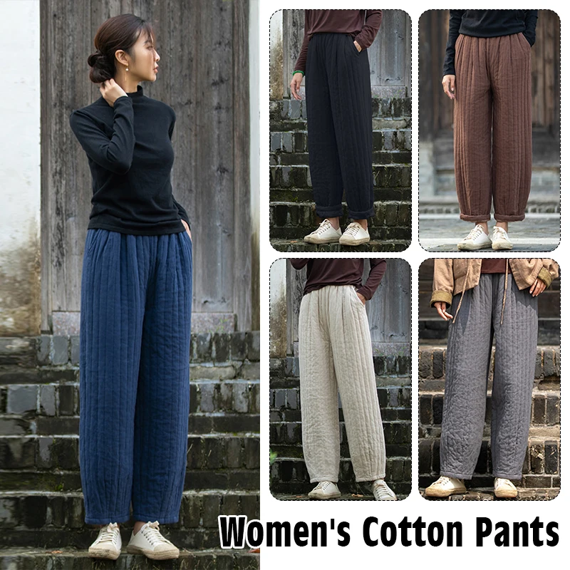 Vintage Literature Art Women Winter Cotton Quilted Pants High Waist Baggy Trousers Windproof Thicken Warm Harem Pants