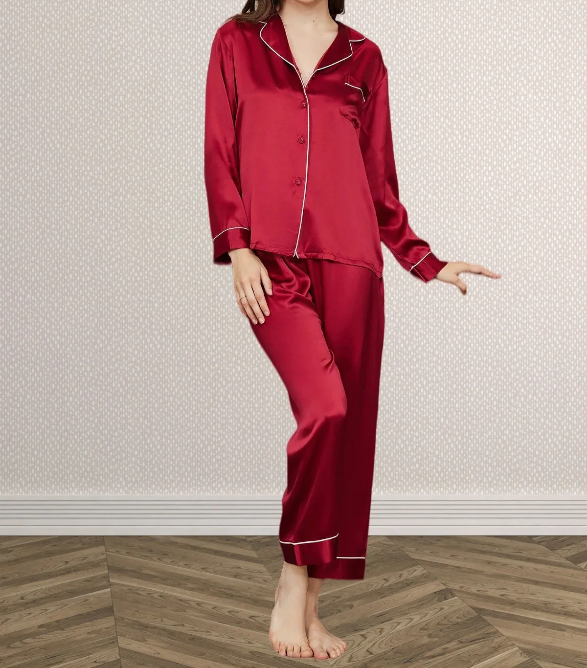 wholesale silk sleepwear lingerie luxury Women pajama Two-piece night wear woman 22MM 100% mulberry silk Home wear trousers sets - Image 3