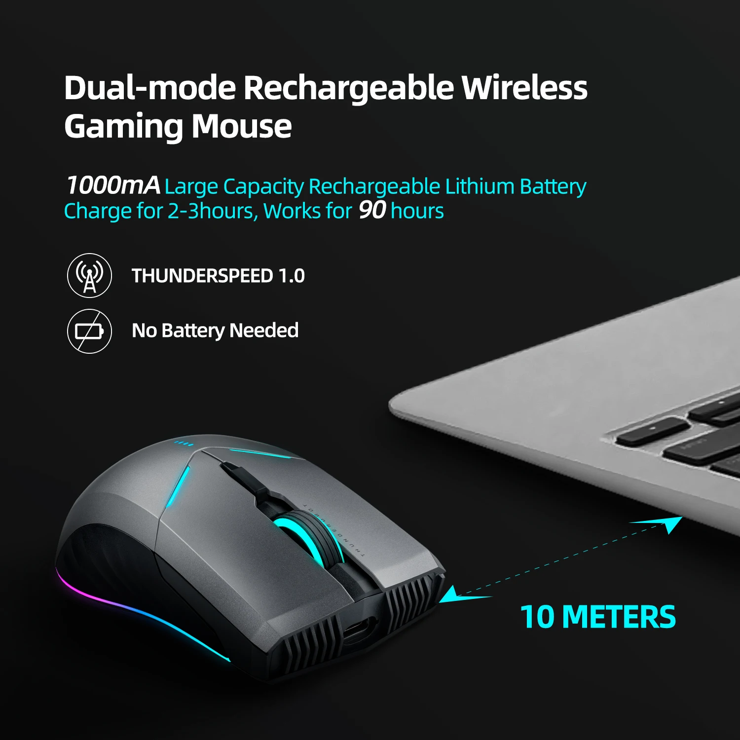 Mouse sem Fio para Jogos Recarregável com Fio 2.4g 4000 Dpi 1000mah Rgb Apto para Laptop pc Gaming Thunderobot-ml701 - Imagem 3