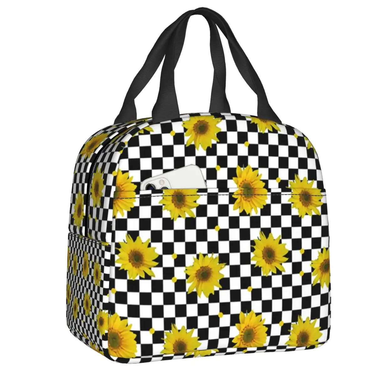 

Sunflowers On Checkered Squares Insulated Lunch Tote Bag for Women Beauty Floral Thermal Cooler Bento Box Outdoor Camping Travel