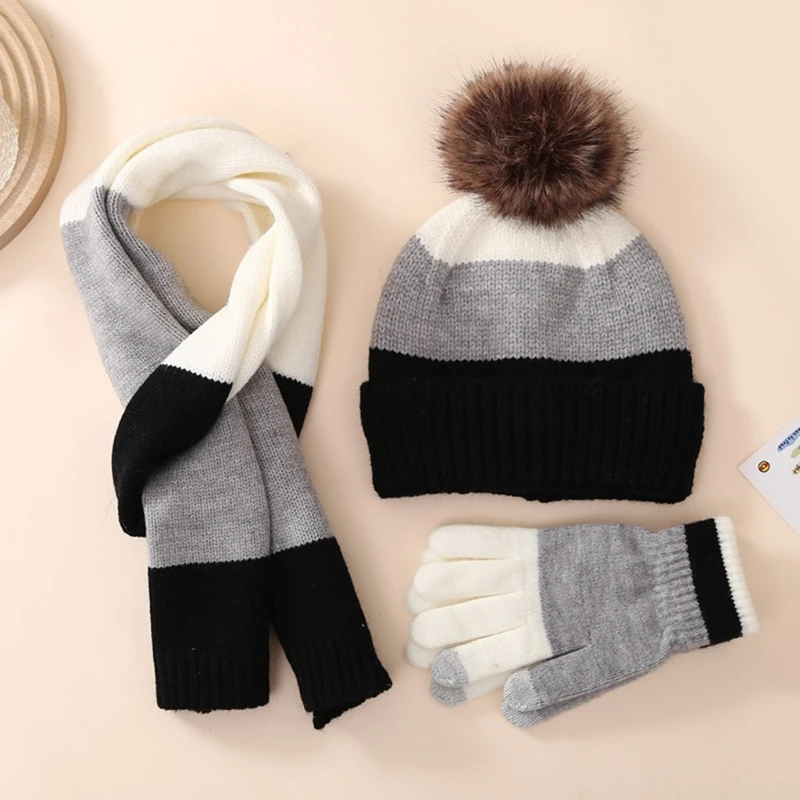 Kids Hat Scarf & Gloves Set Winter Pom Pom Hat with Gloves & Scarf Warm Knitted Beanie Hats Girls Boys 0