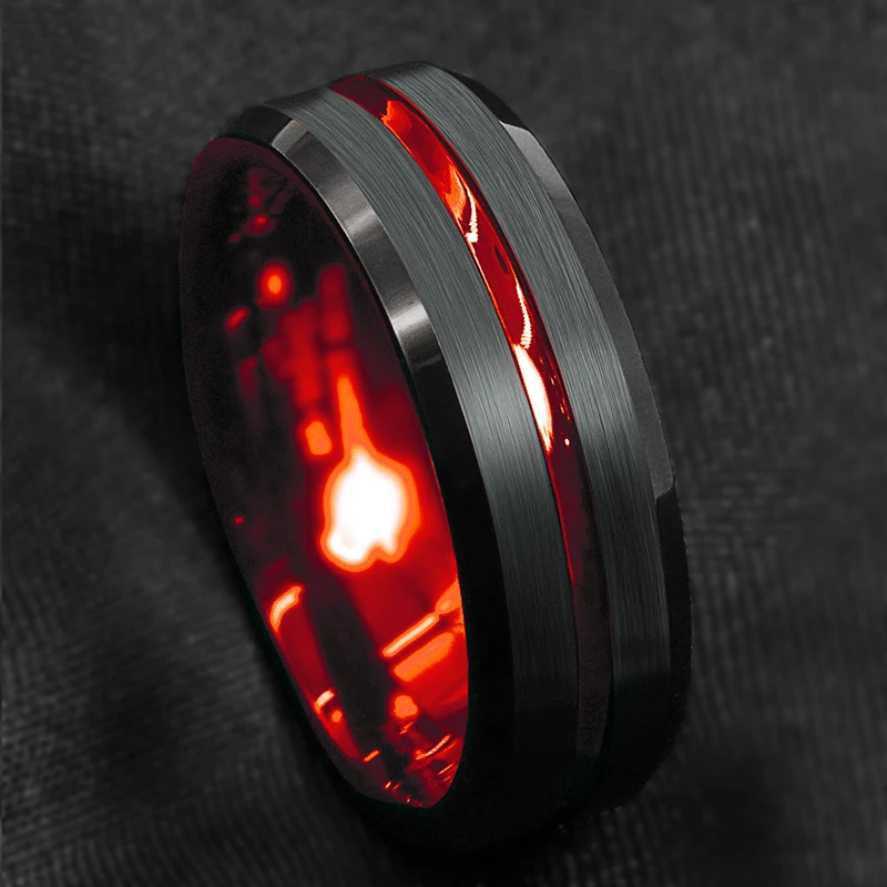 Stainless Steel Ring 8mm Red Groove Beveled Edge Black Stainless Steel Ring For Men Black Brushed Steel Engagement