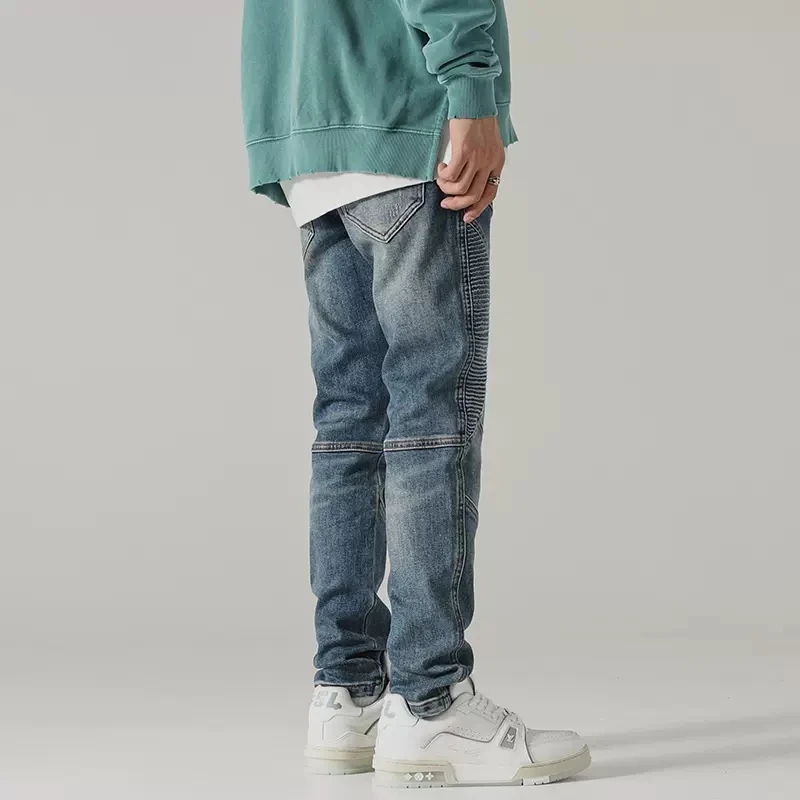 Street Fashion Men Jeans Retro Blue Elastic Slim Fit Spliced Biker Jeans Men Punk Trousers Patched Designer Hip Hop Pants Hombre