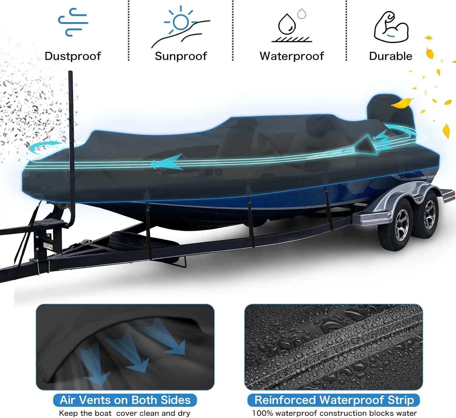 1200D PU Waterproof Boat Cover, 16'-18.5' Trailerable Marine Grade Polyester Canvas, Fits 16-18.5ft V-Hull, Bass Boat