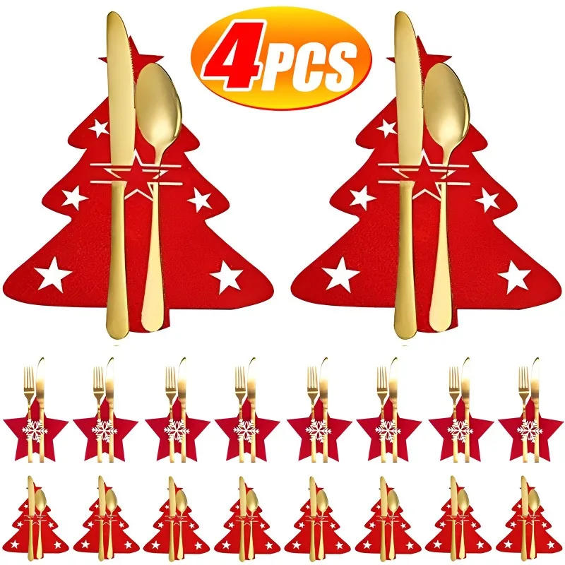 

4PCS Christmas Tree Snowflake Cutlery Knife Fork Covers Table Decor Xmas Tableware Decoration Holder Bags Xmas Decor for Home