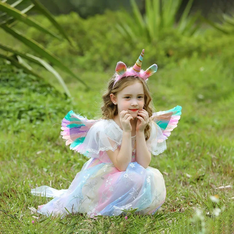Costume Unicorno Bambina 4 Pezzi Con Gonna Tutù, Ali, Fascia E Bacchetta | Travestimento Carnevale Per Compleanno E Halloween (3-8 Anni)