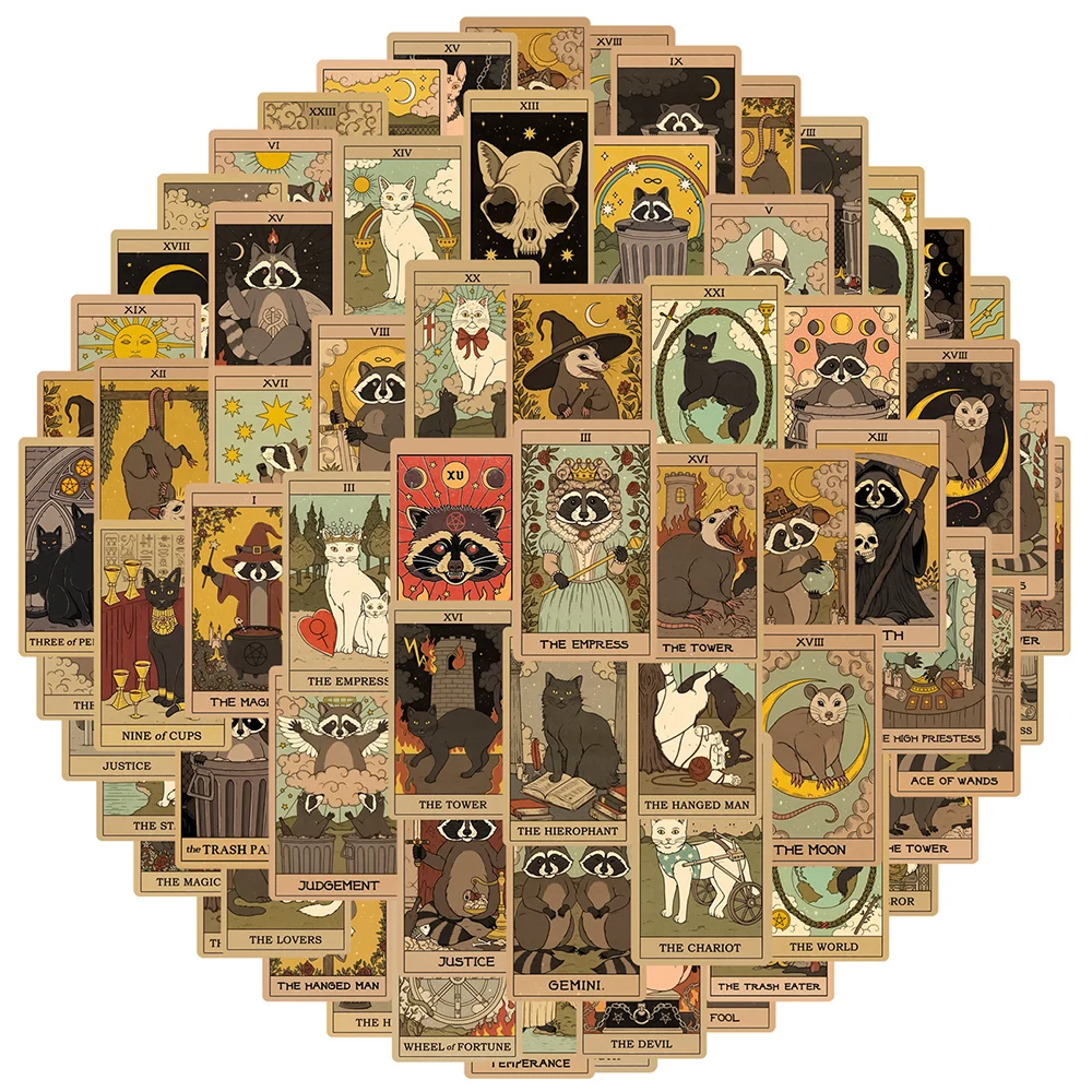 10/30/60pcs Retro Gothic Tarot Card Stickers Mystic Cat Raccoons Cartoon Graffiti Sticker Phone Case Skateboard Notebook Decals