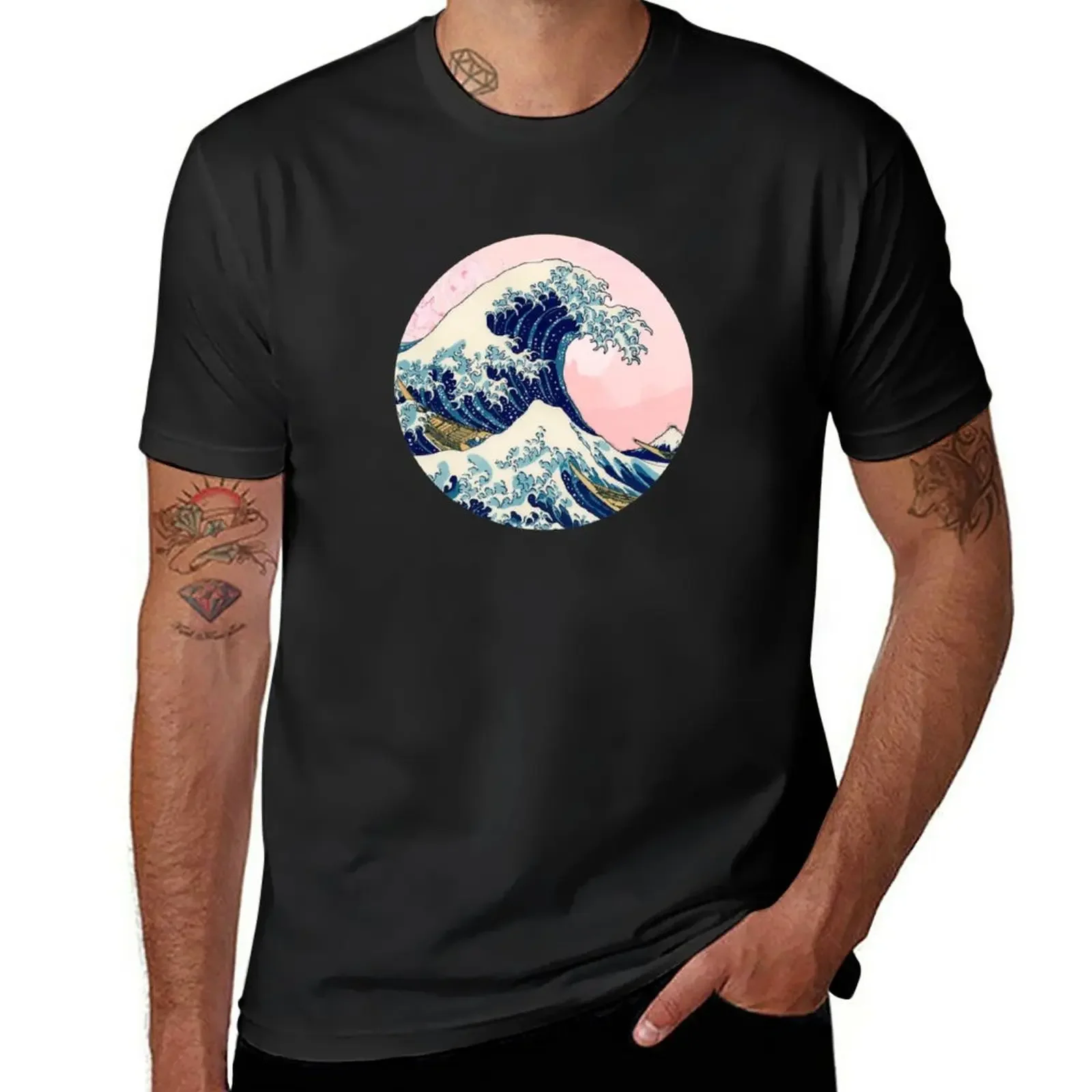 

The Great Wave off Kanagawa pink sunset T-Shirt blanks Aesthetic clothing quick-drying Men's clothing