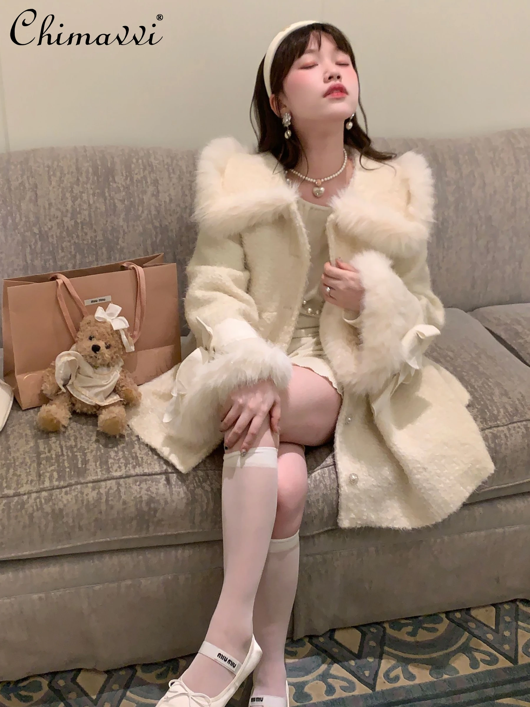 

Beige Coat for Women 2023 Autumn Winter New Fashion Slim-fit Warm Woolen Coats Sweet Cute Long Temperament Long Jacket Feminine