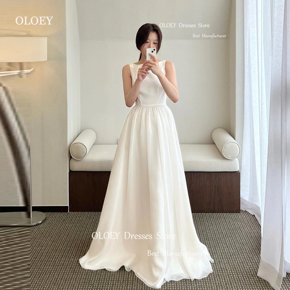 

OLOEY, простые трапециевидные корейские свадебные платья для фотосъемки, юбка из органзы с глубоким круглым вырезом, свадебные платья в пол, женское платье