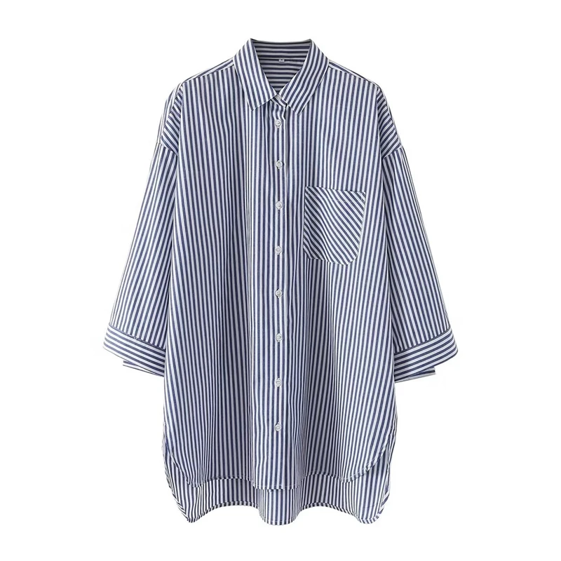 

Summer New Women's Lapel Long-sleeved Casual All-match Striped Shirt Mid-length Single-breasted Loose Top