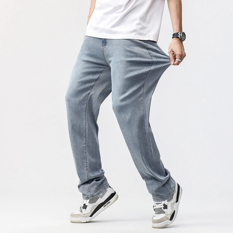 190cm Tall Man Jean Lyocell Wide Leg Denim Pant Male Extra Long Length 115cm 120cm Summer Big Clothes Light Stretch Straight Fit 3