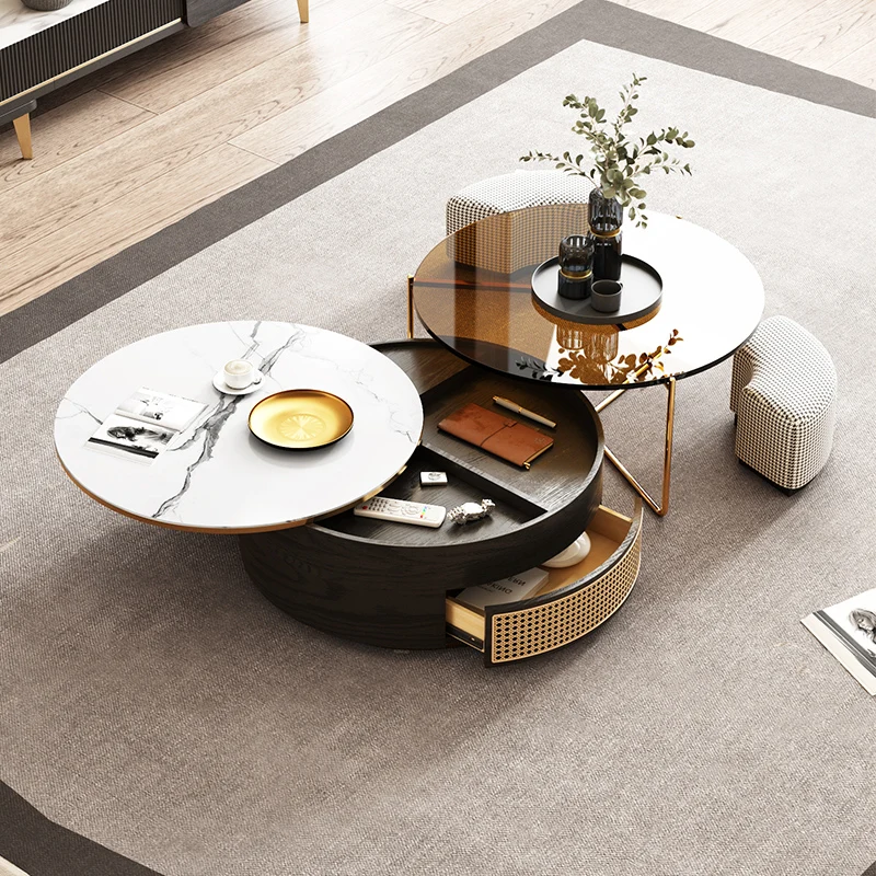 

Round Combined Tea Table Small Apartment Living Room Rotating Stone Plate Simple Modern Marble Tea Table