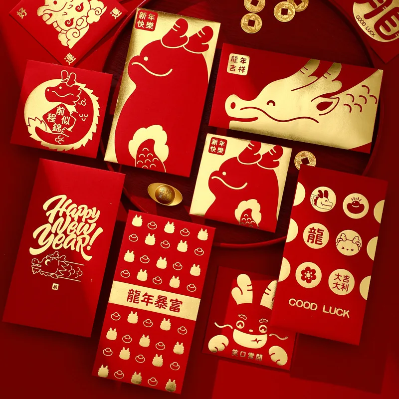 

Chinese Long Red Envelopes, New Year of Dragon, Lucky Money Gift, Spring Festival, Cartoon Gift Bag, 2022, 6Pcs