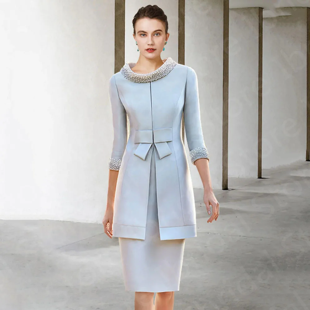 

Classic Pale Blue Mother of the Bride Gowns with Jacket Two Pieces Dresses 3/4 Sleeves Wedding Party Knee Length