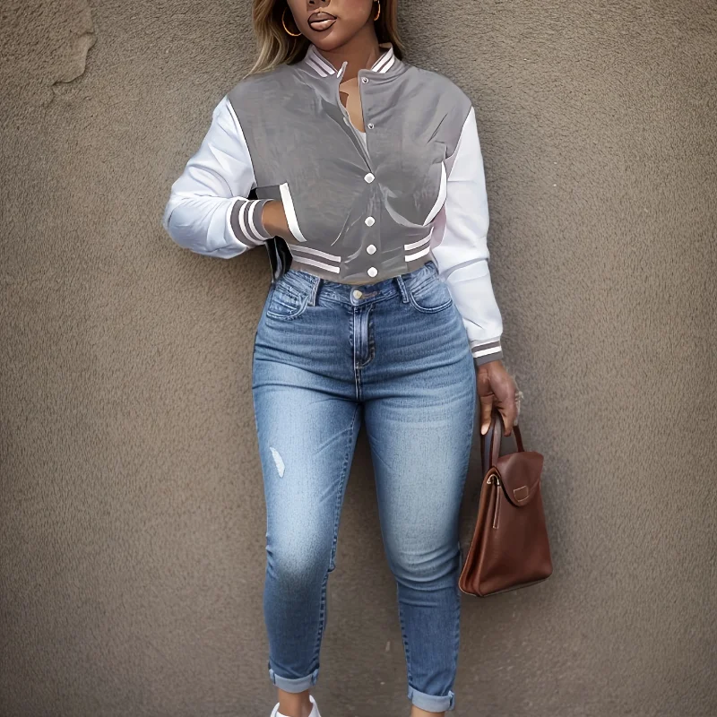 Spring and Autumn European and N Women's Color Matching Jacket Single-breasted Lettered Baseball Jacket Jacket 6