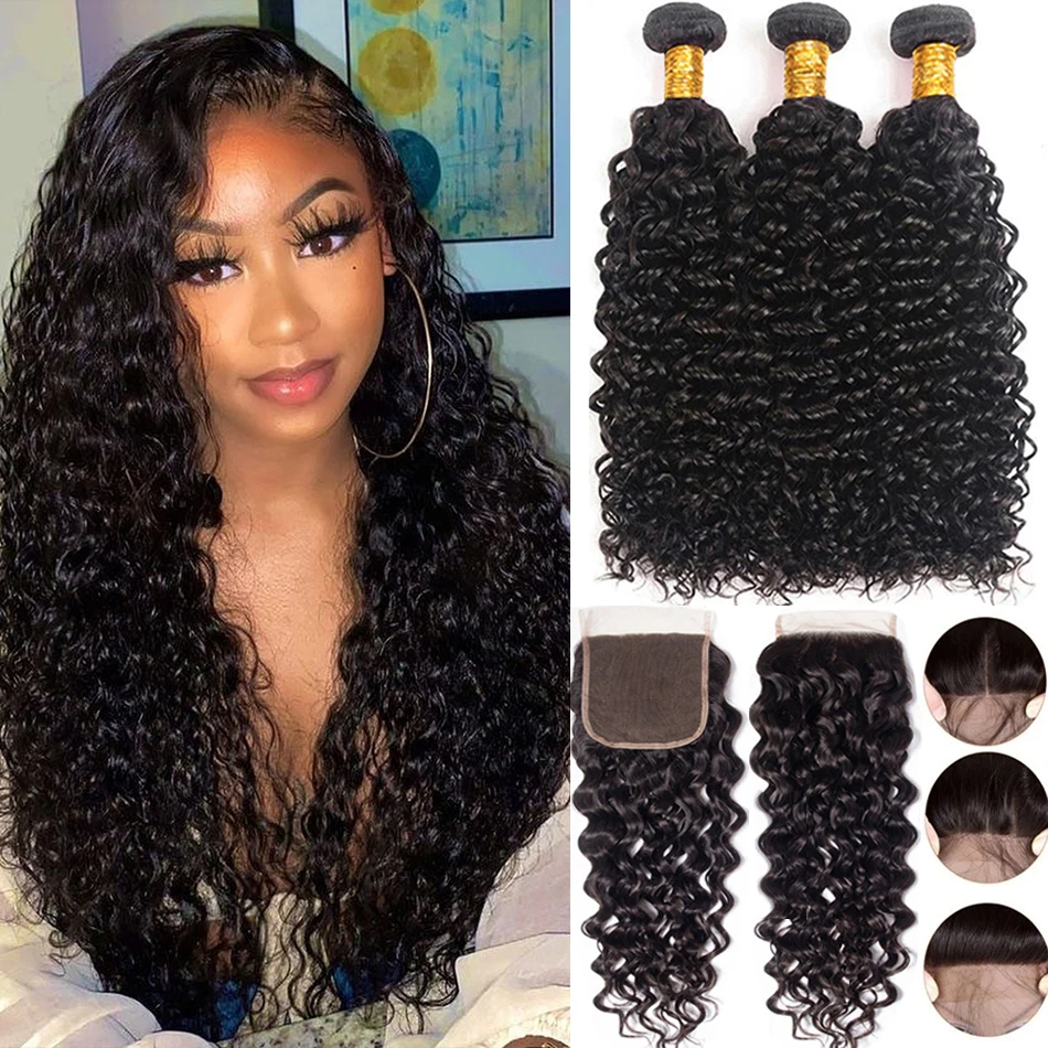 

CRANBERRY Hair Water Wave Human Hair Bundles With Closure 4 pcs/lot Malaysian Hair Weave Bundles With 5x5 Lace Closure Free Part