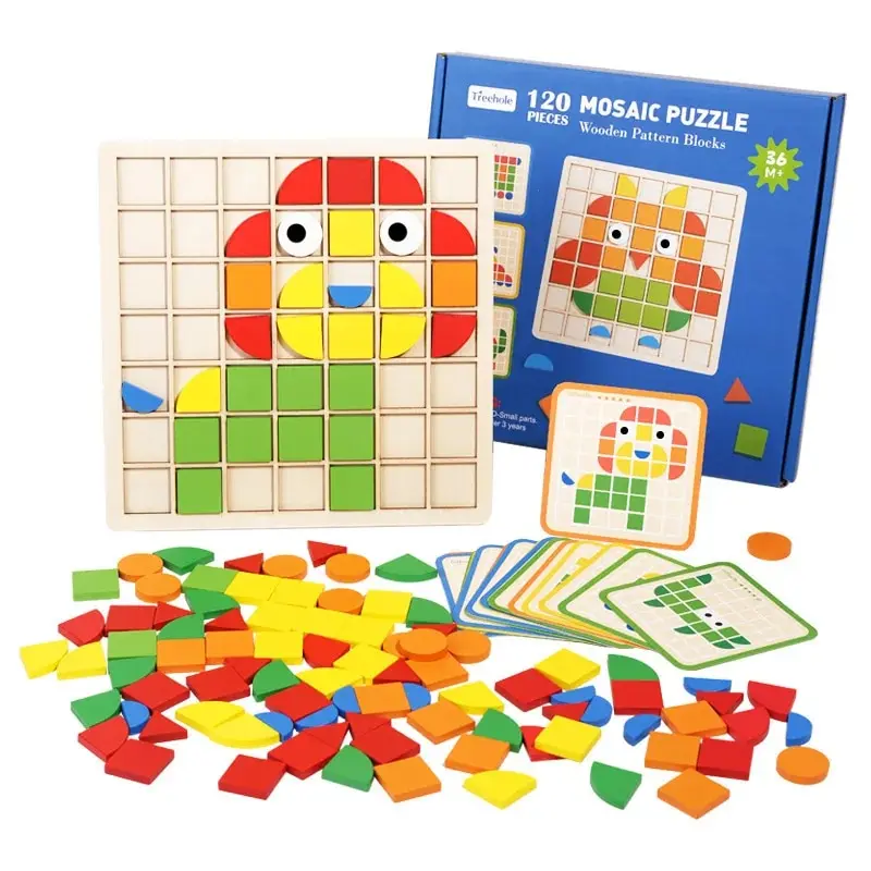 Wooden Mosaic Puzzles Geometric Shapes Building Blocks Pattern With Design Cards Kindergarten Classic Educational Shape Puzzle_voghion.com