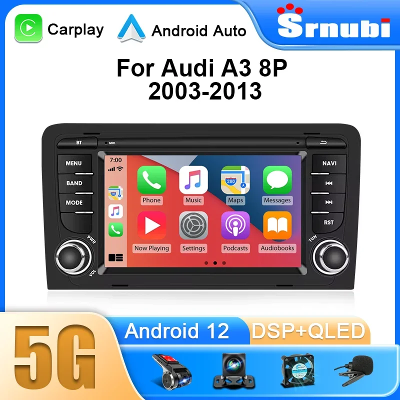 Radio de coche Android 2 Din para Audi A3 8P 2003-2013 S3 RS3, reproductor multimedia estéreo, Carplay inalámbrico, GPS para coche, unidad principal 4G DSP 1