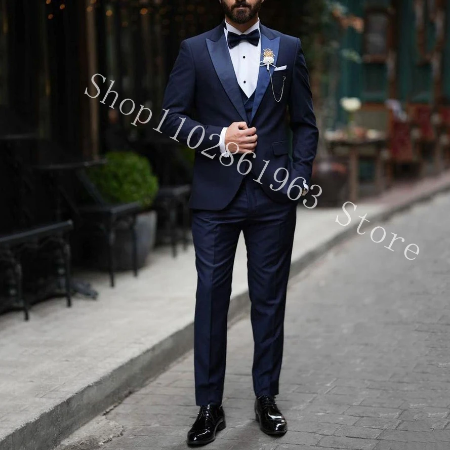 Navy Blue Men Suits Slim Fit 3 Pieces Formal Best Men Wedding Suits Groom Wear Tuxedos Blazer+Vest+Pants Costume Homme Mariage