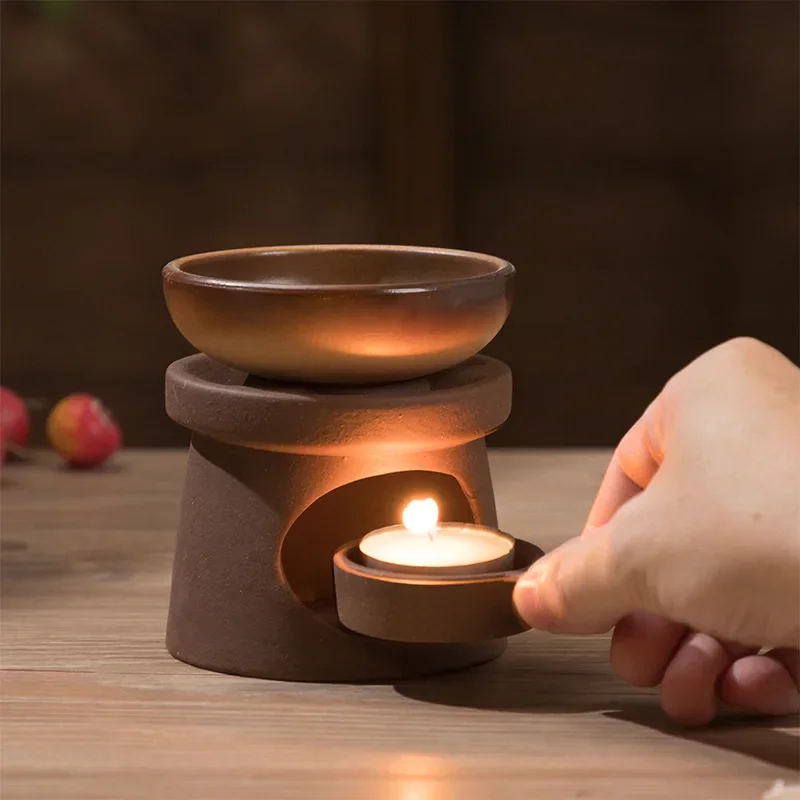 Japanese Style Ceramic Tea Warmer Set - Candle Heated Sand Pot Aroma Diffuser & Gongfu Tea Accessories with Essential Oil Burner