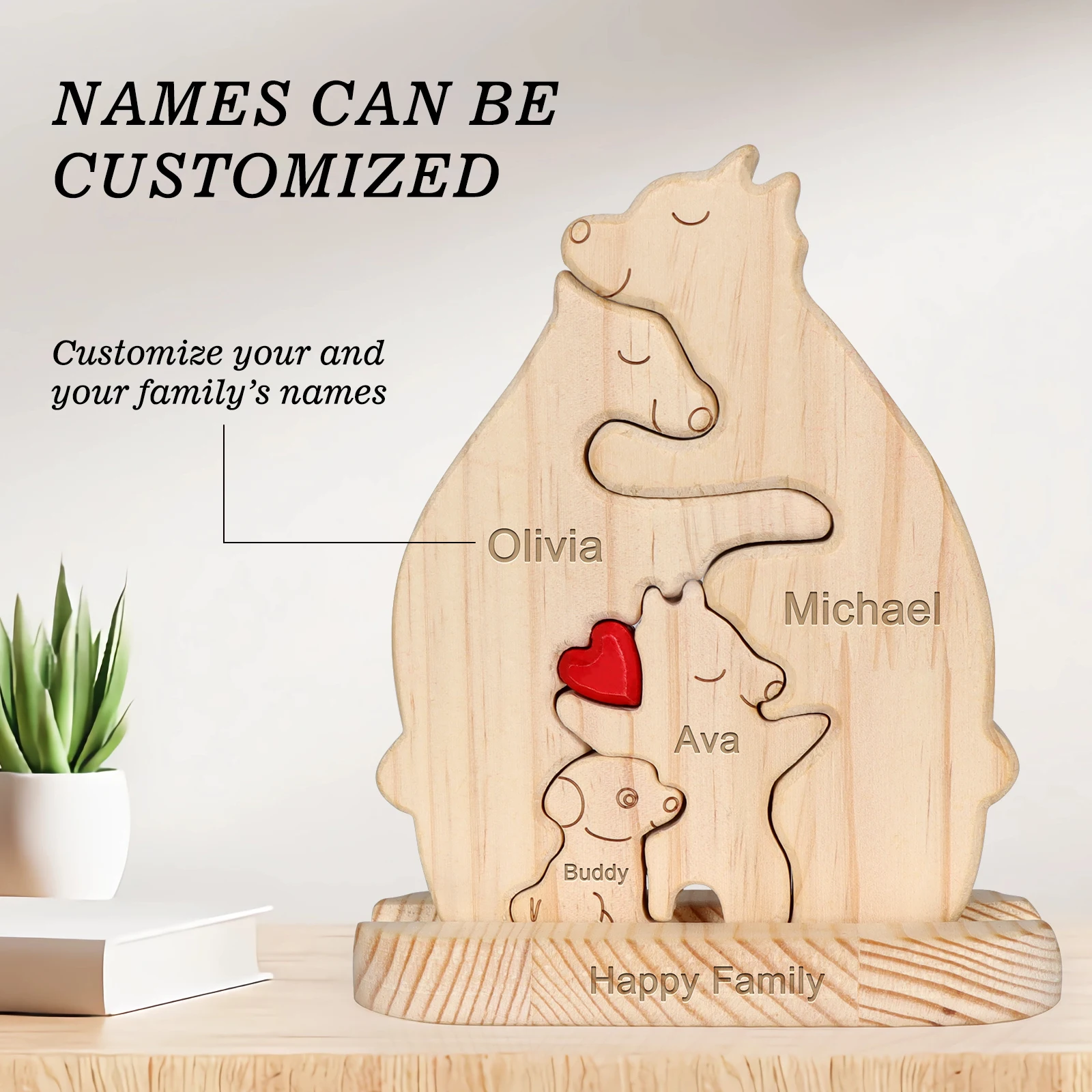 

Name Personalized Custom Mother's Birthday Gift Family Names Sculpture Wood Puzzle Bear Family Heart Puzzles Home Decoration