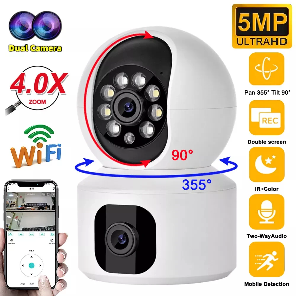 5MP WiFi Camera With Dual Screens Baby Monitor Night Vision1080P Cam Human Body Automatic Tracking Indoor Security IP Camera 2