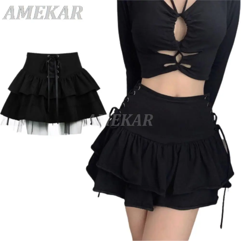 

Women High Waist Lace Pleated Lace-up Gothic Mini Skirt Sexy Mall Goth Skirt Lady Gothic Punk Club Wear Harajuku Y2k Dark Skirts