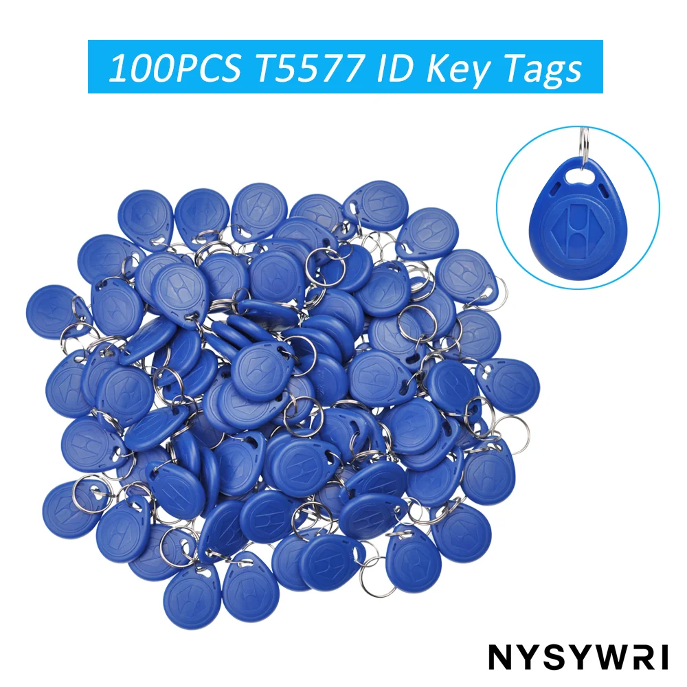 

100PCS T5577 RFID key tags keyfobs ID cards buckles, 125KHz RFID writable rewritable copy duplicate access control ID key tags