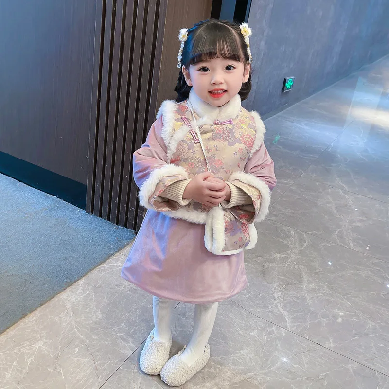 

Girls' Tang Costumes Han Chinese Clothing Suits Children's Chinese Style Cheongsam Dress Winter Baby Girl New Year Thickened New