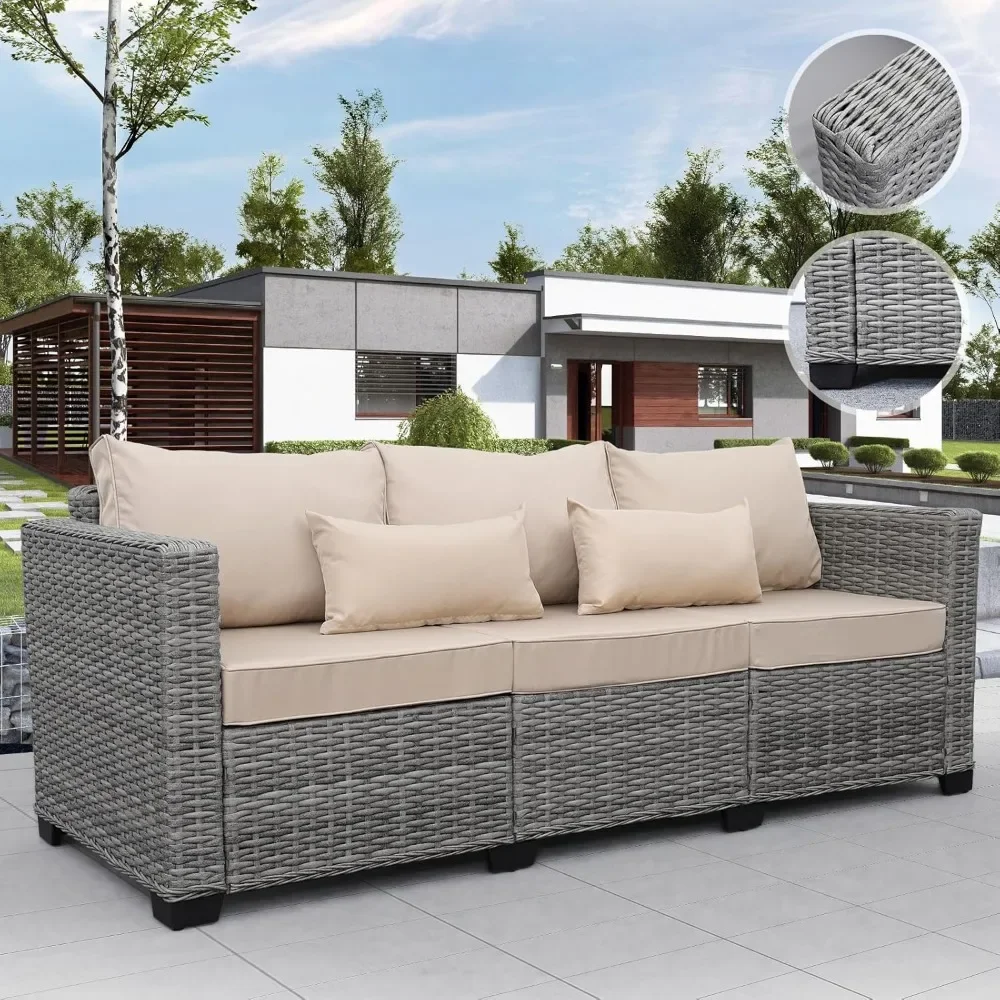 Patio Furniture 3-seat Sofa Grey Wicker Outdoor Furniture Outdoor Couch Deep Seat Hight Backrest with Waterproof Cover