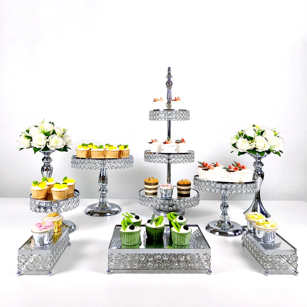 6Pcs-9Pcs Cake Stand Set Crystal Beaded Mirror Metal Dessert Table Display Stands Cupcake Holder for Birthday Party Festival cake stand dessert stand