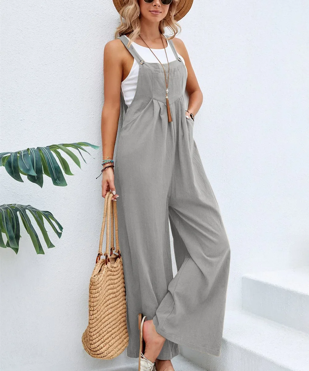 Women Jumpsuit Solid Sleeveless Loose Long Pants