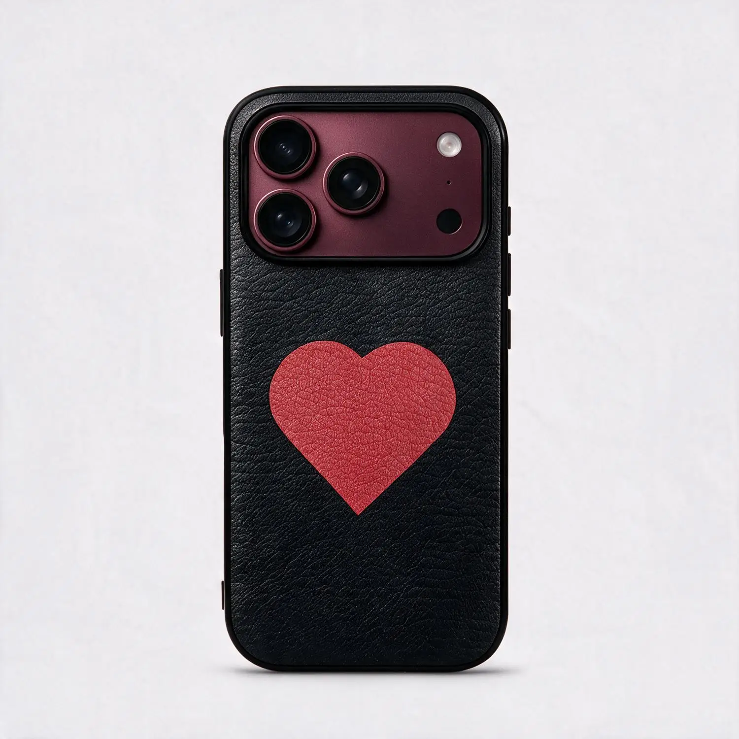 Luxury Burgundy Red Genuine Leather Shockproof Phone Case with Heart Pattern