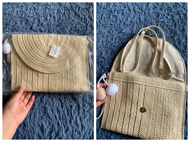 Bolso De Paja Tejido Con Cremallera - Bandolera Cuadrada Para Playa, Verano Y Viajes, Color Caqui