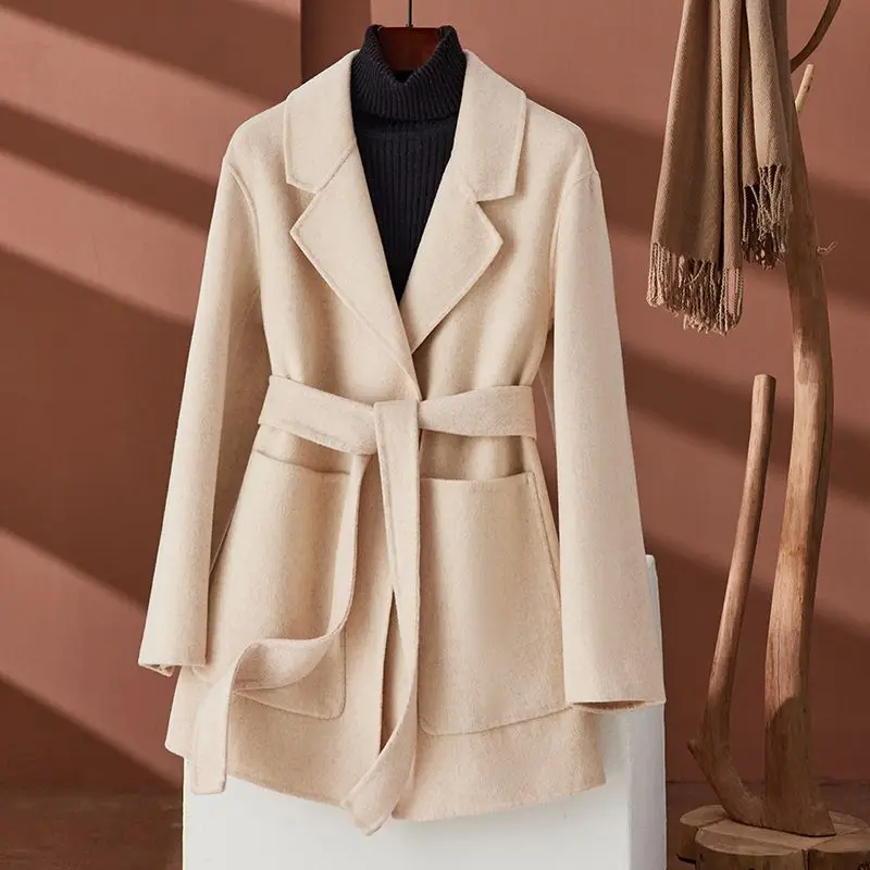 2023 Autumn Winter New Women Reversible Cashmere Coat Advanced Sense Woolen Outcoat Female Temperament Mid-Length Slim Outwear