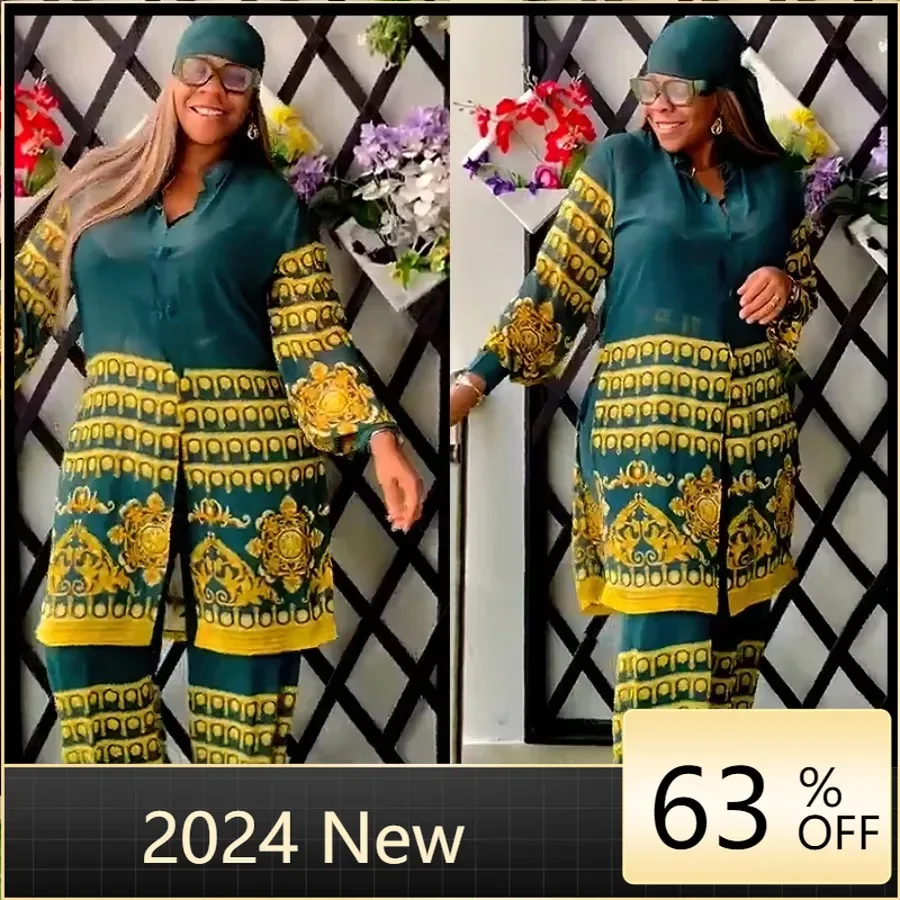 

2 Piece African Clothes for Women Autumn Elegant Long Sleeve O-neck Top Pant Plus Size Matching Sets Dashiki African Clothing