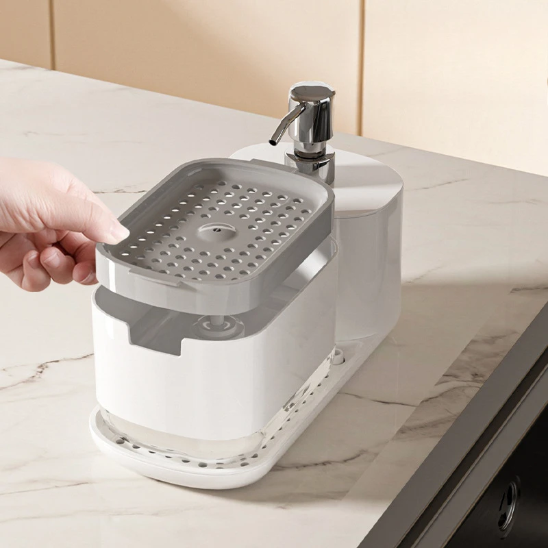 2-in-1 Press Soap Dispenser with Drying Tray One-Hand Operation Easy Clean Multi-Functional Kitchen Soap Holder