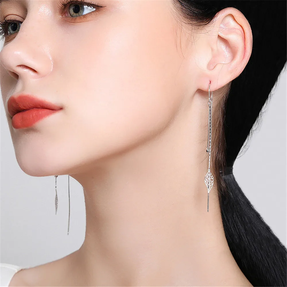 Silver Color Hollow Leaves Earrings for Women Temperament Long Tassel Tea Ear Chain Earring Super Fairy Jewelry dangle earrings,drop earrings,pendant earrings,long earrings,crystal tassel earrings