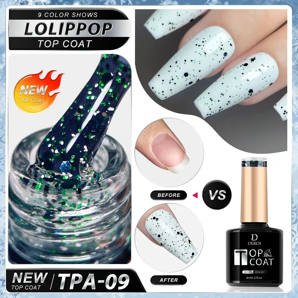 DEROI No Wipe Gel Top Coat with Yellow Sequin for Manicure Diamond Matte Topcoat Flash Glitter Nail Polish for Nail Art Soak Off 6