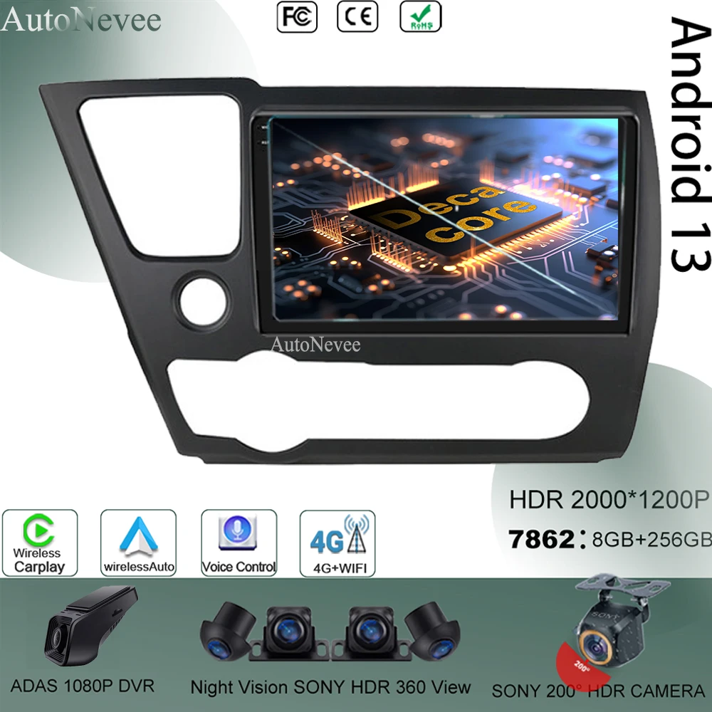 

Auto No 2Din High-performance Android 13 For Honda Civic 9 2013-2016 Car Elecronics Touch Video Monitor Bluetooth TV Stereo WIFI